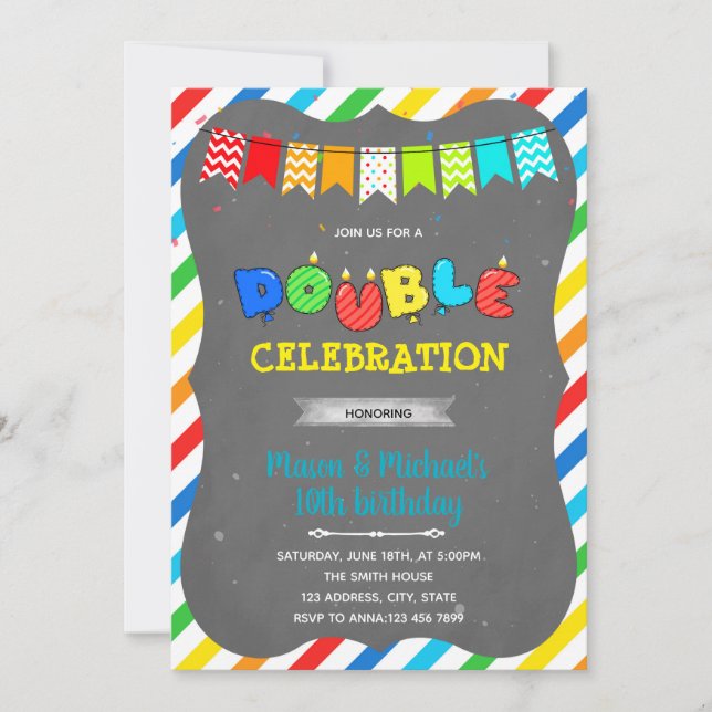 Carte d'invitation à une fête d'anniversaire doubl (Devant)