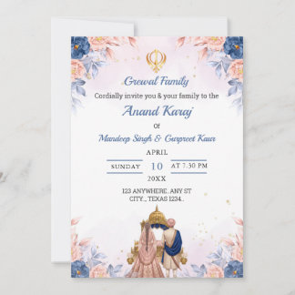 Carte d'invitation Anand Karaj Bleu Royal et Pêche