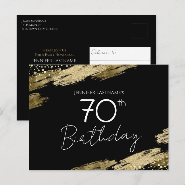 Carte d'invitation anniversaire 70 ans or noir (Devant / Derrière)