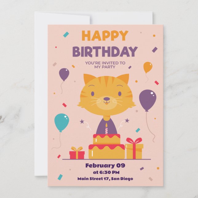 Carte d'invitation Anniversaire du chat joli dessi (Devant)