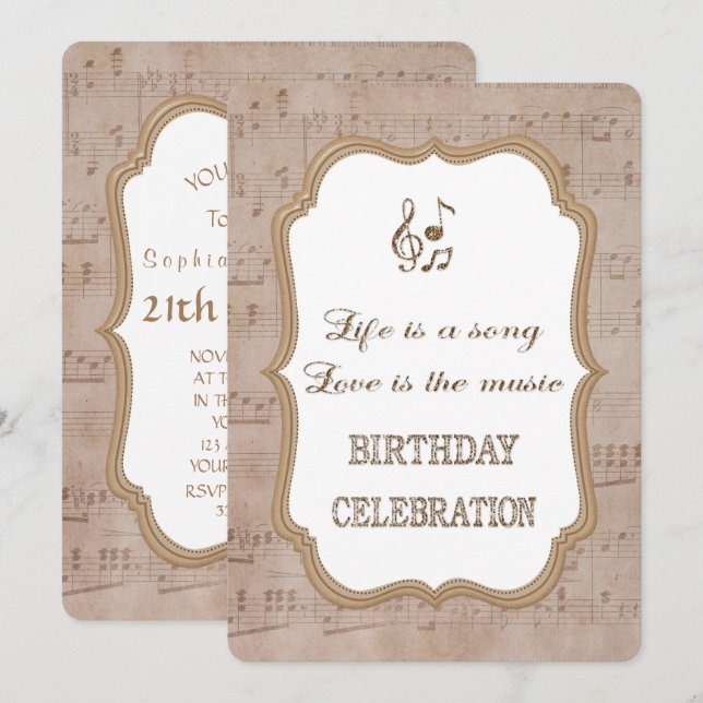 Carte d'invitation anniversaire feuille de musique (Devant / Derrière)