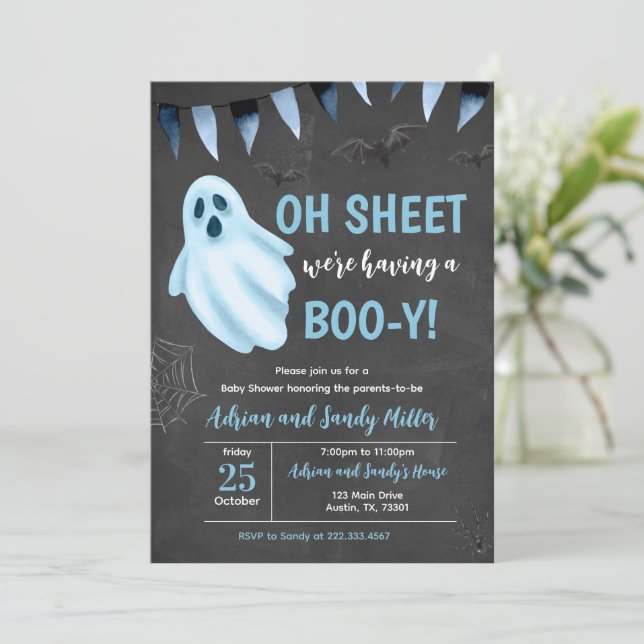 Carte d'invitation Baby Shower Blue Little Boo (Debout devant)