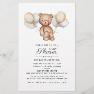 Carte d'invitation Baby shower de ballons d'ours à
