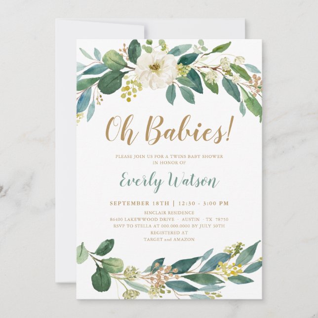 Carte d'invitation Baby shower de verdure Twins (Devant)