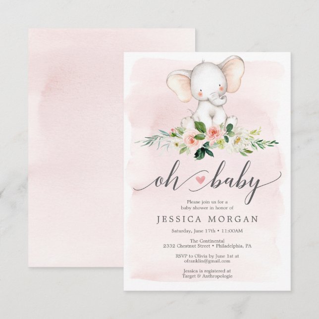 Carte d'invitation Baby shower Eléphant rose (Devant / Derrière)
