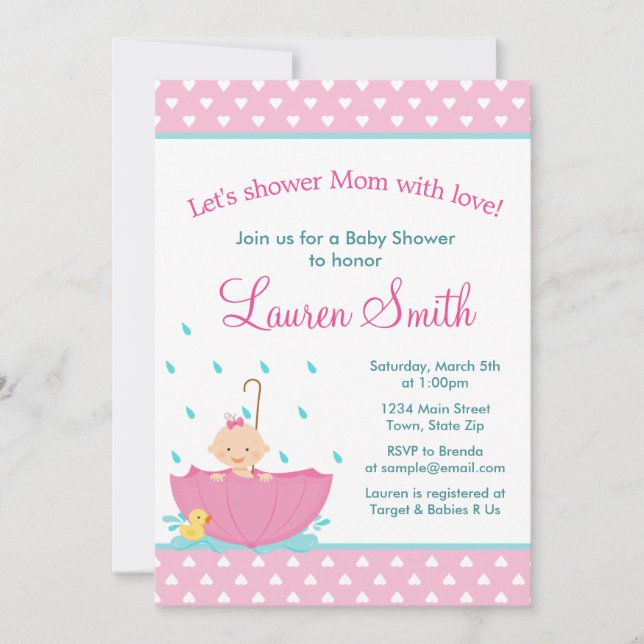 Carte d'invitation Baby shower fille parapluie (Devant)