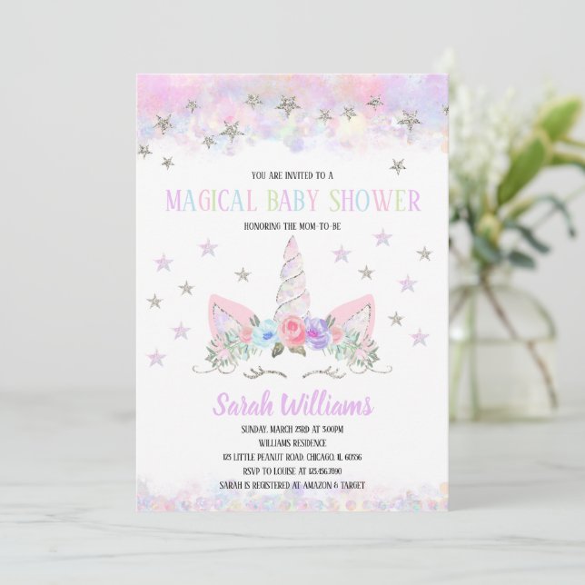 Carte d'invitation Baby Shower Licorne Arc-en-ciel (Debout devant)