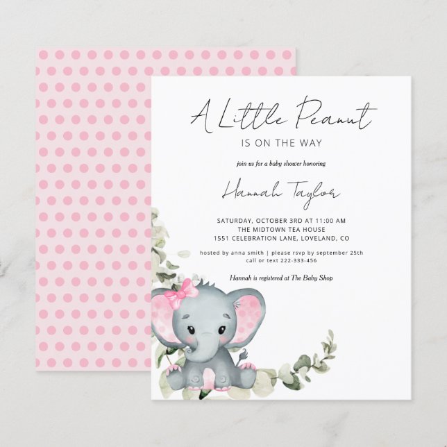 Carte d'invitation Baby Shower pour fille éléphant (Devant / Derrière)