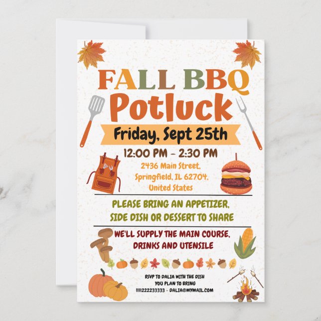 Carte d'invitation BBQ Automne Potluck (Devant)