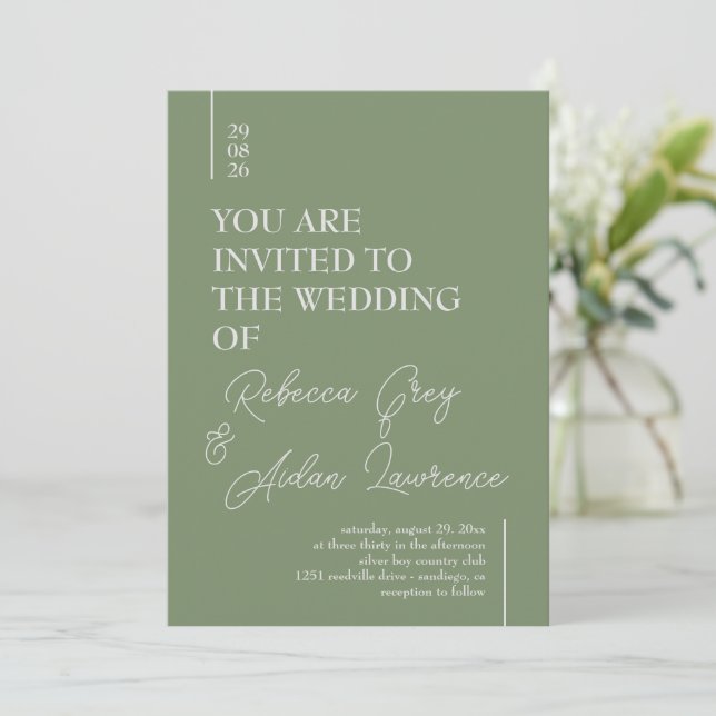 Carte d'invitation blanche simple minimaliste Sage (Debout devant)