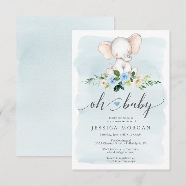 Carte d'invitation Blue Elephant Baby shower (Devant / Derrière)
