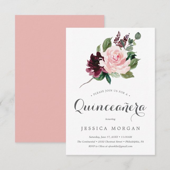 Carte d'invitation Blush Burgundy Quinceanera (Devant / Derrière)