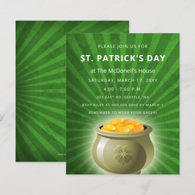 Carte d'invitation Budget Pot d'or St Patrick (Devant / Derrière)