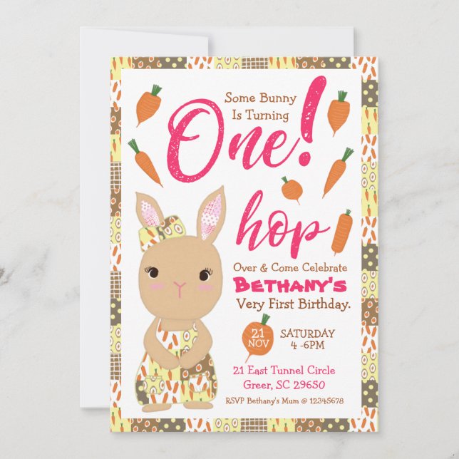 Carte d'invitation d'anniversaire de lapin mignon  (Devant)