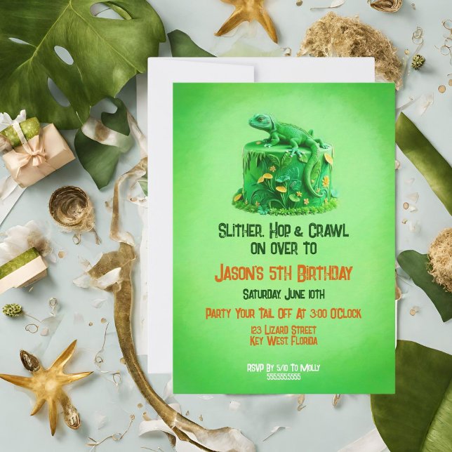 Carte d'invitation d'anniversaire de lézard avec g (It sets the theme for the birthday party as a reptile or lizard-themed event!)