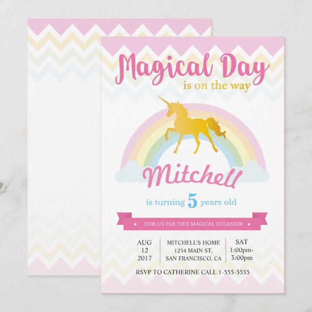 CARTE D'INVITATION D'ANNIVERSAIRE DE LICORNE (Devant / Derrière)