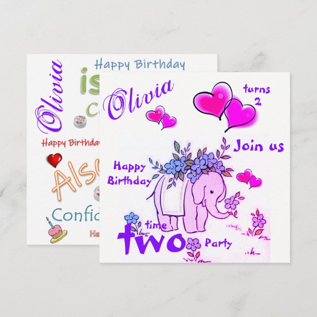 Carte d'invitation d'anniversaire éléphant (Devant / Derrière)