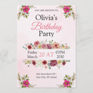 Carte d'invitation d'anniversaire florale rose élé