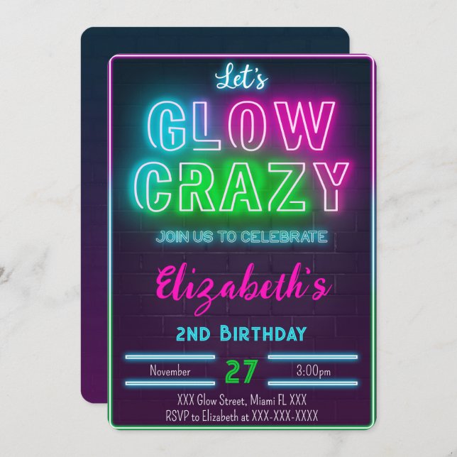 Carte d'invitation d'anniversaire Glow (Devant / Derrière)