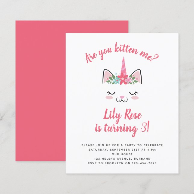 Carte d'invitation d'anniversaire licorne chaton B (Devant / Derrière)