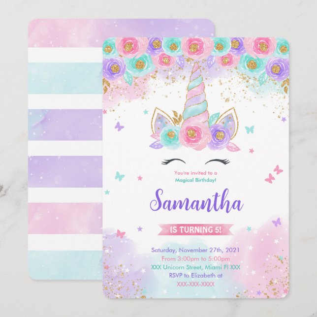 Carte d'invitation d'anniversaire licorne magique  (Devant / Derrière)