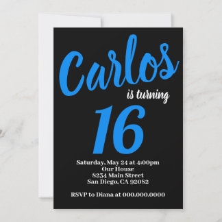 Carte d'invitation d'anniversaire noire et bleue p