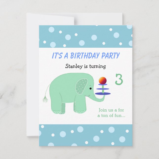 Carte d'invitation d'anniversaire pour éléphant en (Devant)