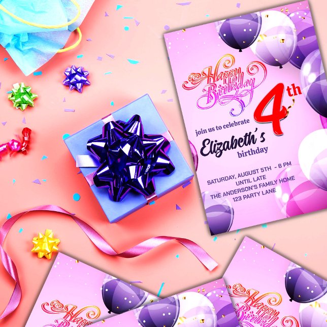 CARTE D'INVITATION D'ANNIVERSAIRE POUR FILLES DE 4 (Créateur téléchargé)