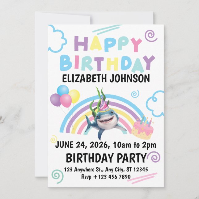 Carte d'invitation d'anniversaire requin en blanc (Devant)