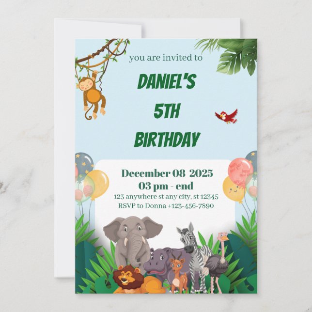Carte d'invitation d'anniversaire Safari Jungle An (Devant)