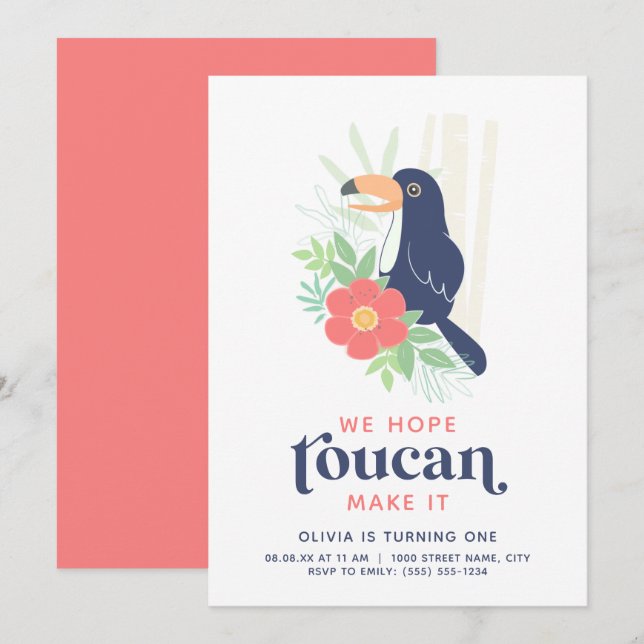 Carte d'invitation d'anniversaire Toucan Palmes Tr (Devant / Derrière)