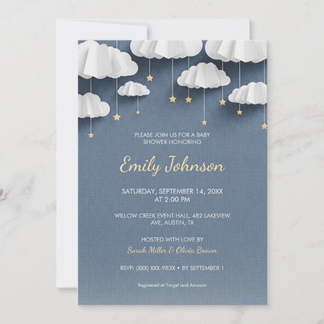 Carte d'invitation de Baby shower bleu Denim Whims (Devant)