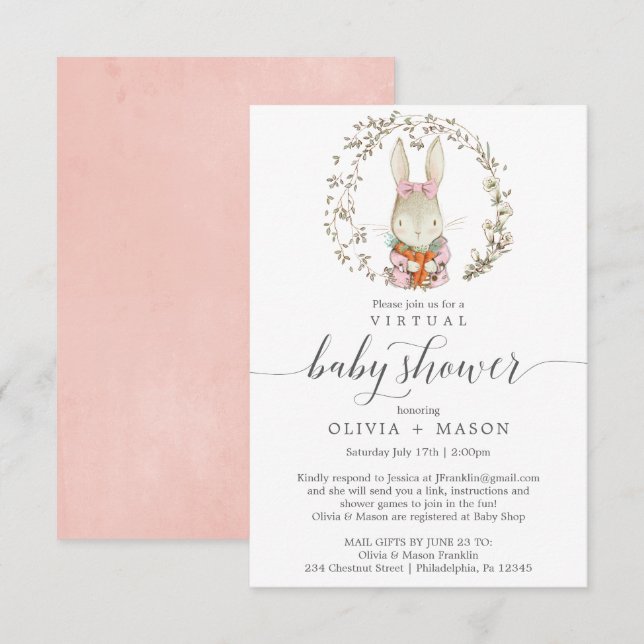 Carte d'invitation de Baby shower virtuel de lapin (Devant / Derrière)