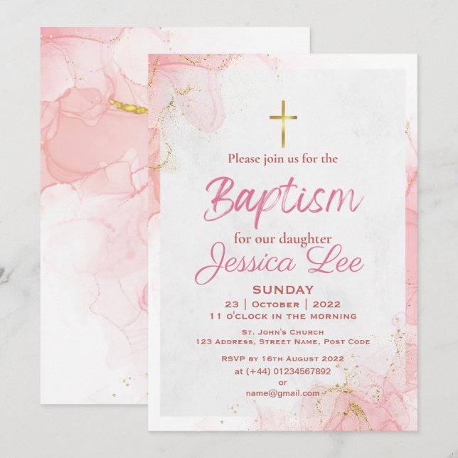 Carte d'invitation de baptême fille rose élégante (Devant / Derrière)