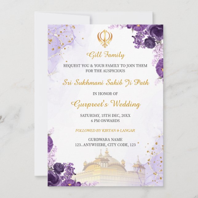 Carte d'invitation de chemin Sukhmani Sahib Floral (Devant)
