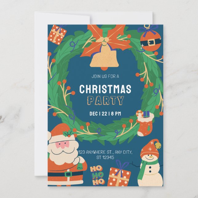 Carte d'invitation de fête de Noël drôle bleu vert (Devant)