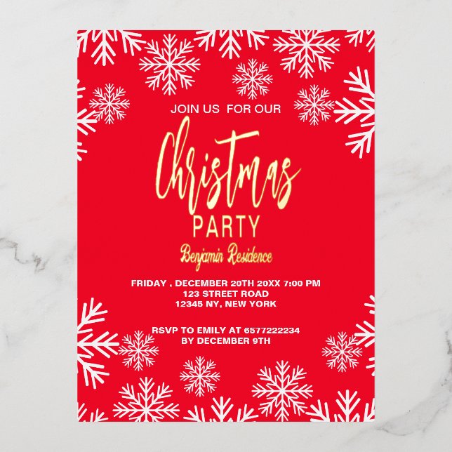 Carte d'Invitation de fête unique rouge neige (Recto)