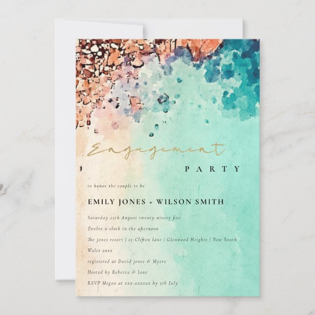 CARTE D'INVITATION DE FIANÇAILLES AQUA GOUACHE ROC (Devant)