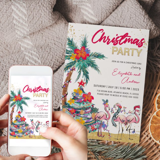 Carte d'invitation de Flamant rose de Noël tropica (Tropical Christmas Flamingo Invitation Card)