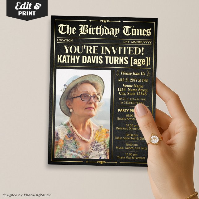 Carte d'invitation de journal de naissance de luxe (Luxury Birthday Newspaper Invite Birthday Program Foil Card Invitation)