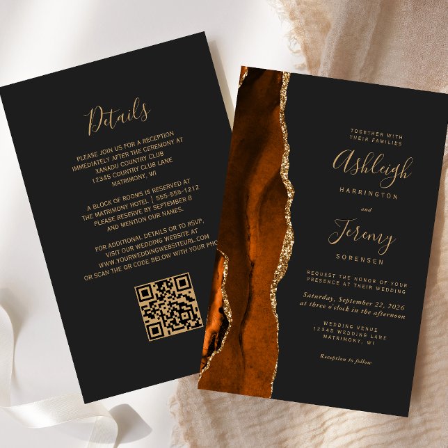 Carte d'invitation de mariage à code QR Rust Gold  (Créateur téléchargé)