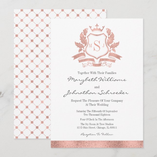 Carte d'invitation de mariage à crête en or rose c (Devant / Derrière)