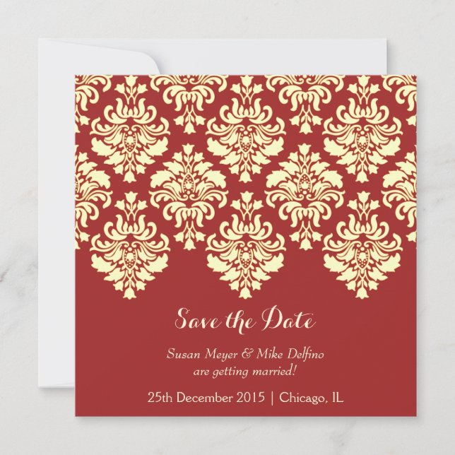 Carte d'invitation de mariage à motif damassé roug (Devant)