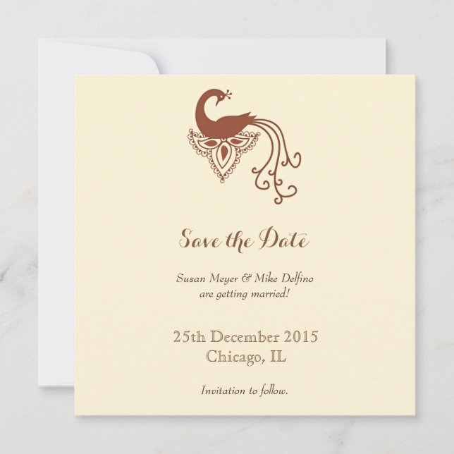 Carte d'invitation de mariage à thème paon pour ré (Devant)