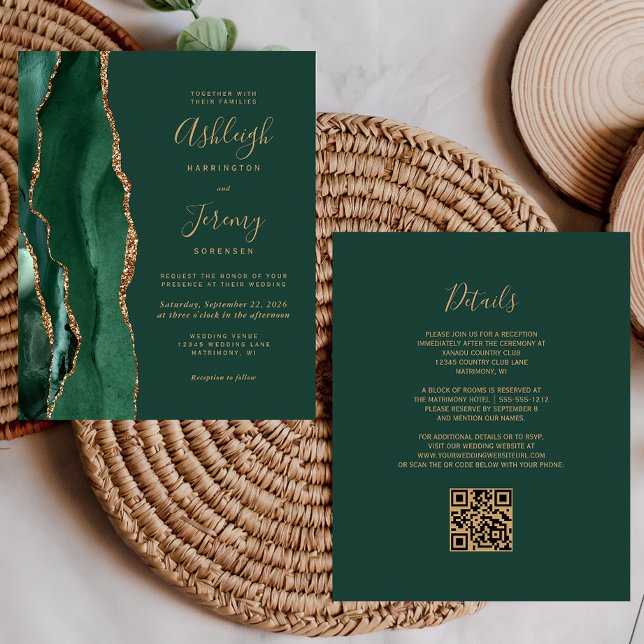 Carte d'invitation de mariage au code QR Or Vert É (Créateur téléchargé)
