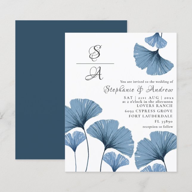 Carte d'invitation de mariage bleu et blanc Budget (Devant / Derrière)
