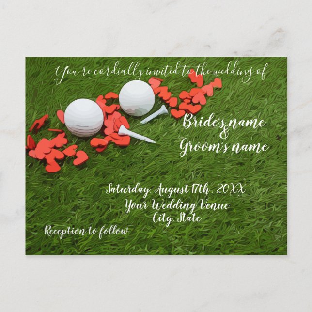 Carte d'invitation de mariage de golf avec des cœu (Devant)
