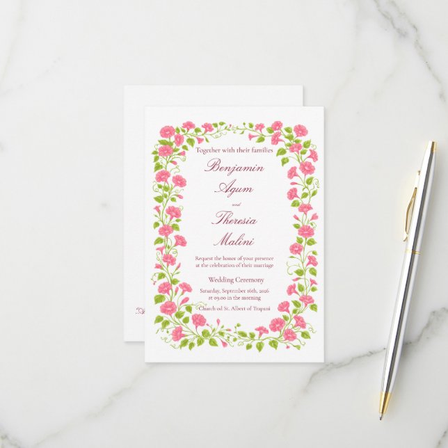Carte d'invitation de mariage florale (Devant/Arrière en situation)