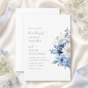 Carte d'invitation de mariage florale bleu poussié