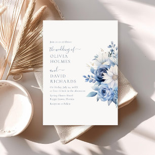 Carte d'invitation de mariage florale bleu poussié